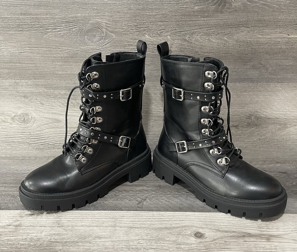 Fashion Nova Black Combat Lace-Up Heeled Boots